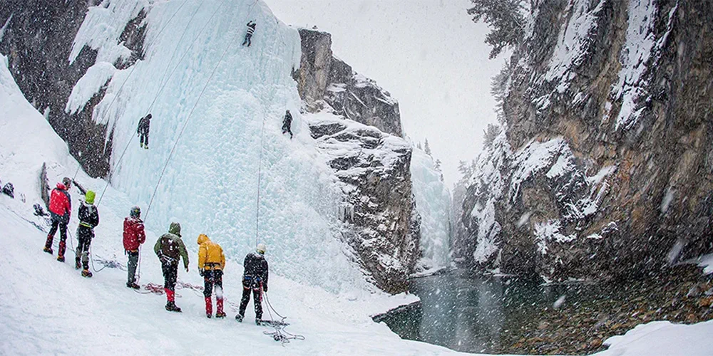 On professionally guided trips, who is responsible if you get hurt? Photo of ice climbers on a guided climb