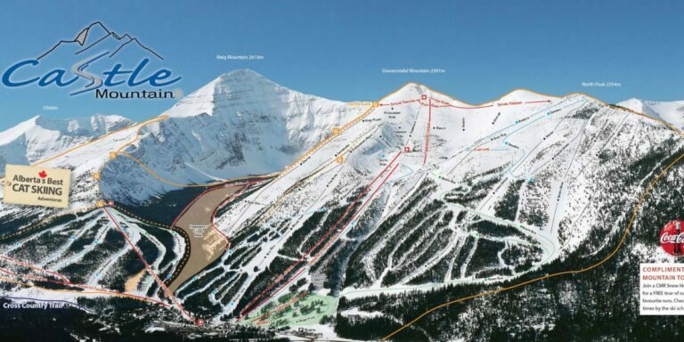 An image of Castle Mountain with different coloured lines used to map ski trails