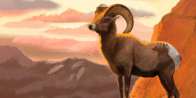 AI generated painting of a majestic bighorn sheep standing on the edge of a mountain staring off at the distance during a sunset