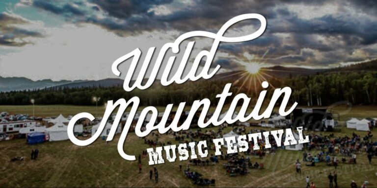 The Wild Mountain Music Festival logo over an image of the music festival itself
