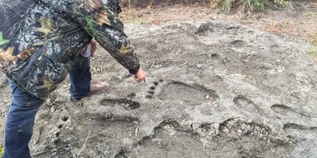 a man dressed in hunting attire pointing at what could be sasquatch tracks