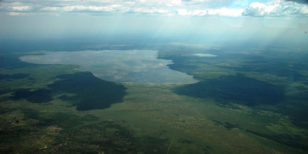 aerial photo of mcclelland lake wetland complex featuring a vast sea of green with sun shining through the clouds above