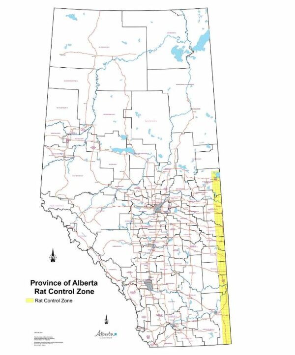 a map of the alberta highlighting the rat control zone in yellow