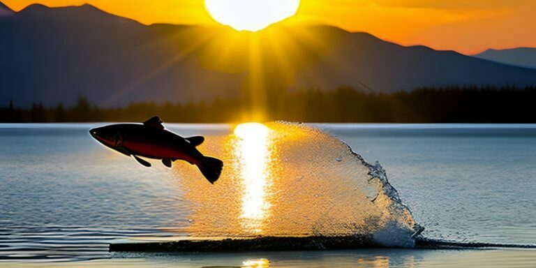 an ai generated image of a trout jumping out of a lake with mountains and a sunset in the background
