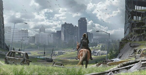 a landscape illustration of post apocalyptic seattle with ellie riding a horse staring at the horizon with a gun on her back 