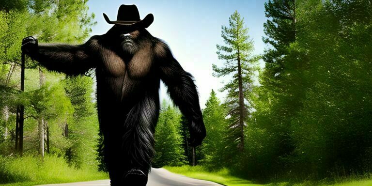 bigfoot wearing a cowboy hat walking down a road surrounded by lush green trees