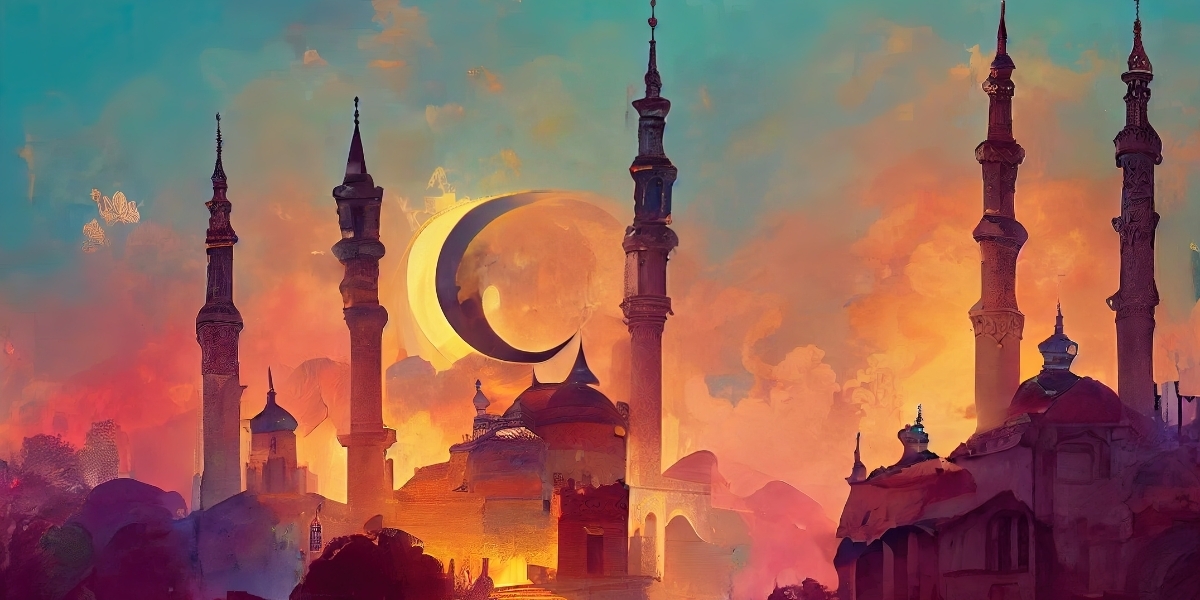 a beautiful painting of an islami cityscape with a new moon rising in the sky