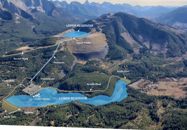 an aerial image of tent mountain mine with labels explaining what each part of the mine will function as for the renewable energy project