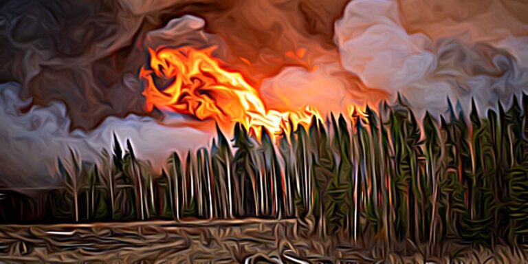 ai generated image of a wildfire in the style of an oil painting with a plume of fire burning atop a forest