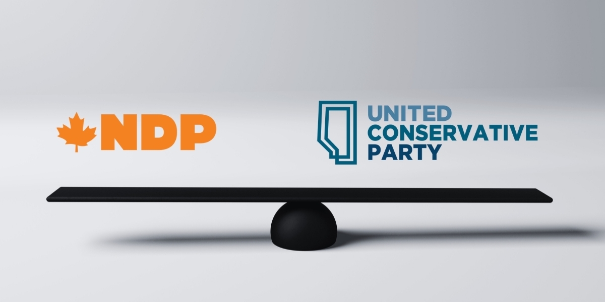 ndp and ucp logos each on one side of a scale that is balanced on a white background