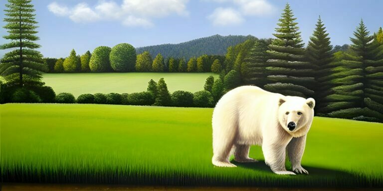 ai generated image of a white bear on a green field with trees and mountains in the background