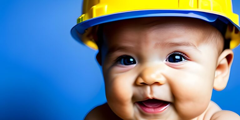 an ai generated image of a baby wearing a yellow hard hat with a blue background