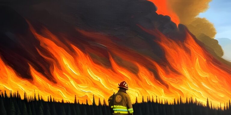 ai generated painting of a lone firefighter standing in front of a wildfire