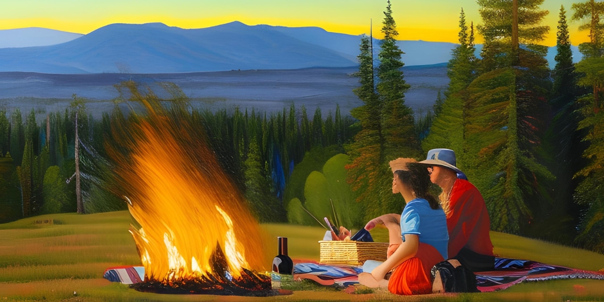 ai generated image of a couple enjoying a picnic next to a campfire surrounded by forest