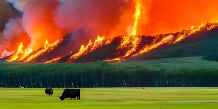 an open green field with two cows eating grass with a raging wildfire in the background