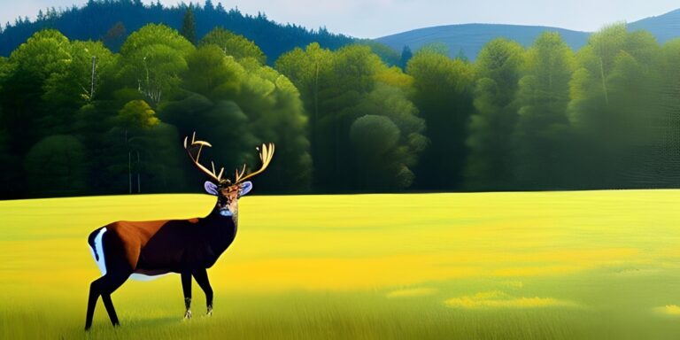 ai generated image of a deer on an open green field surrounded by forests