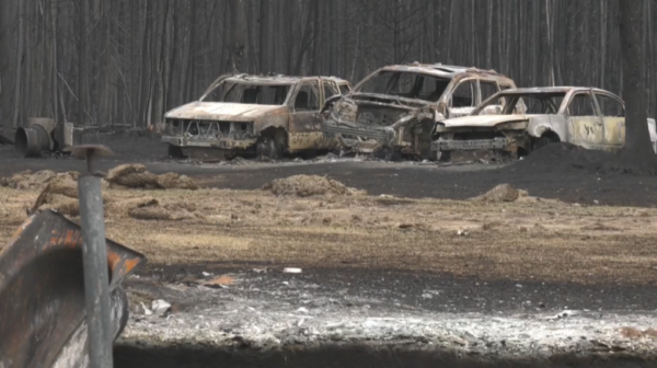 aftermath of the wildfire at the east prairie metis settlement showing completely burned cars 