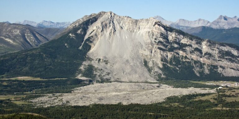 an aerial shot of turtle mountain post rock slide showing the impacted area