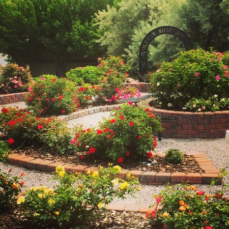 the beautiful lebel mansion rose garden with fancy brick work, lush greenery, and vibrant red roses