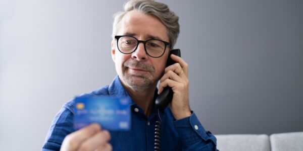 an older man wearing glasses and a blue shirt on the phone holding up his credit card