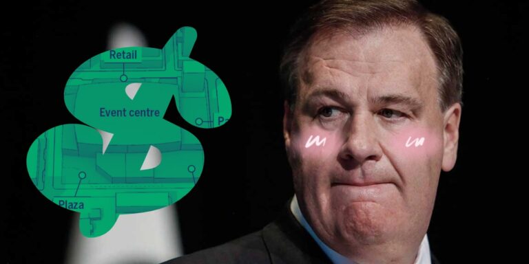 picture of murray edwards blushing biting his lip looing at a green dollar sign filled with a design concept for the arena