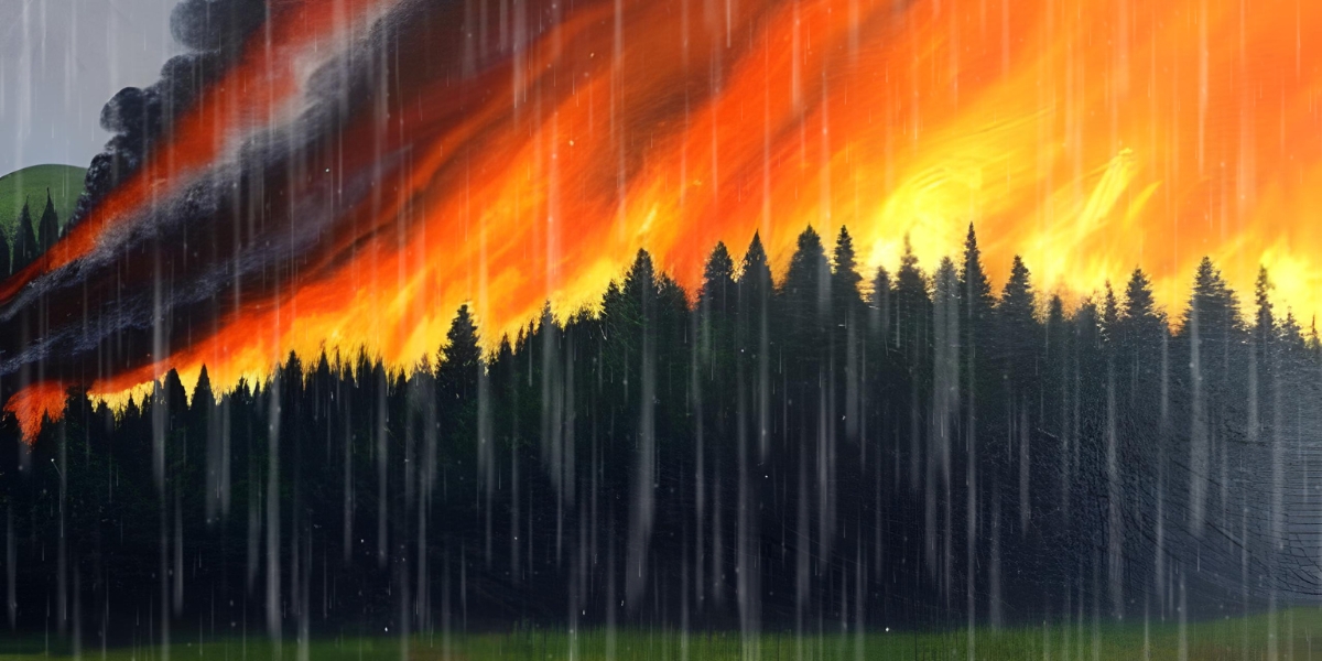 ai generated image of a wildfire with an overlay of raindrops