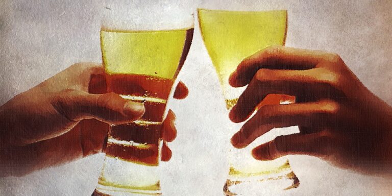 oil painting stylized image of two people raising their beer glasses in celebration