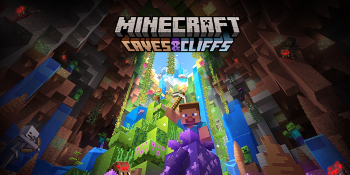 a promotional minecraft graphic featuring steve the main character holding a pickaxe without monsters around him in a cave