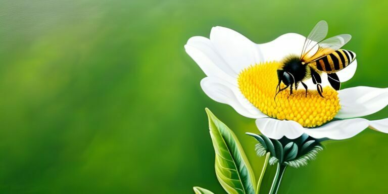 ai generated image of a bee on a white flower with a green field in the background