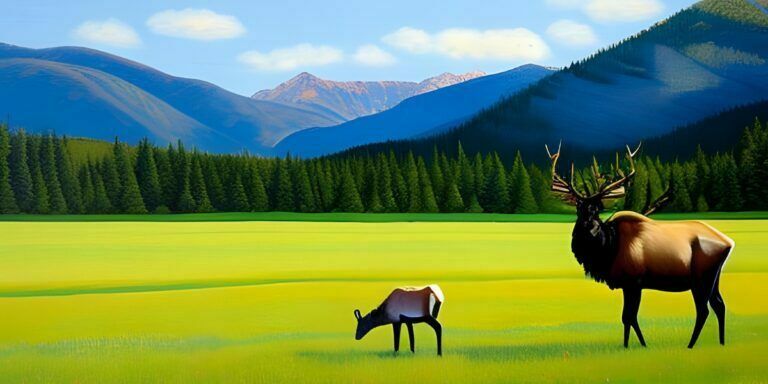 ai generated image of a cow elk with her baby grazing in a field of grass with a forest and mountains in the background