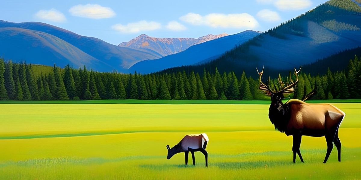 ai generated image of a cow elk with her baby grazing in a field of grass with a forest and mountains in the background