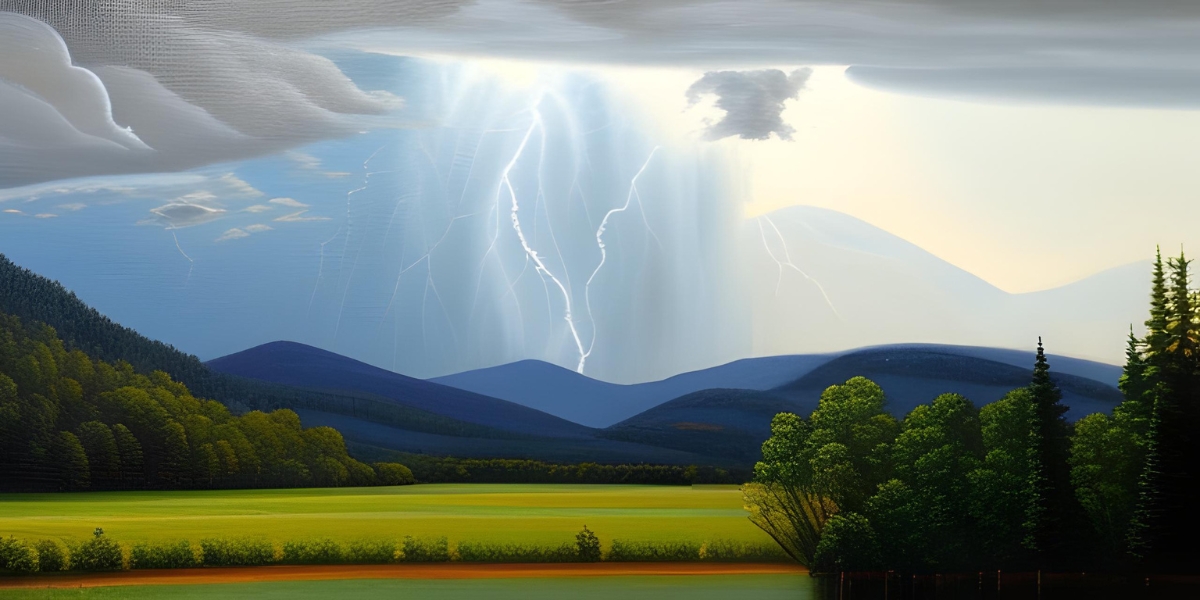 ai generated image of a thunderstorm over a green forest with a bolt of lightning striking in the distance
