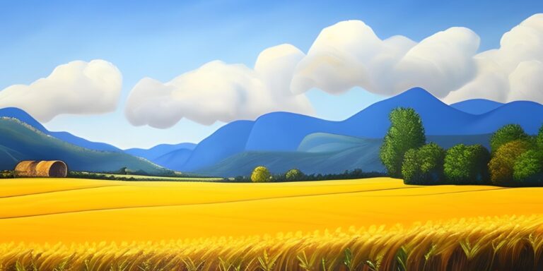ai generated image of a yellow wheat field with a blue sky and clouds above and mountain landscape in the distance