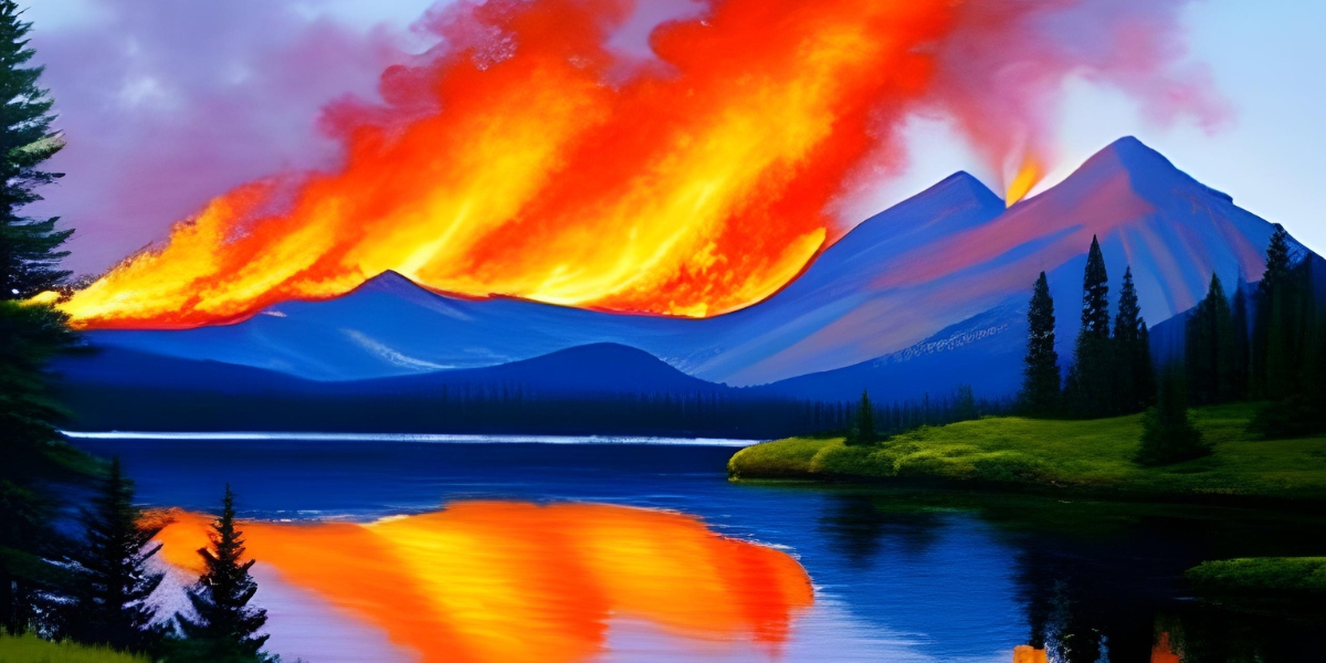 ai generated image of a lake surrounded by mountains and a forest on fire