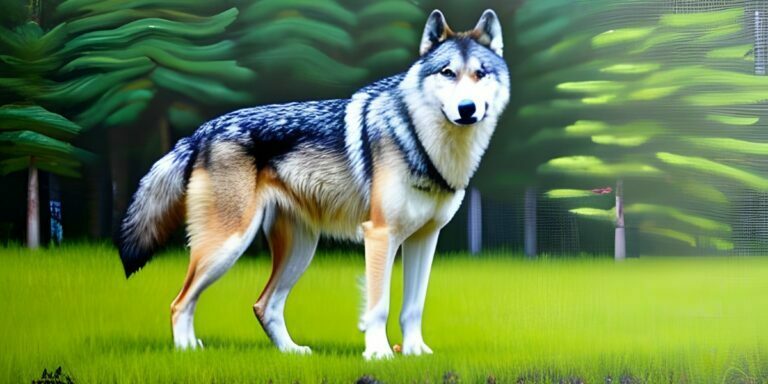 ai generated image of a wolfdog in the foreground on green grass with a forest in the background