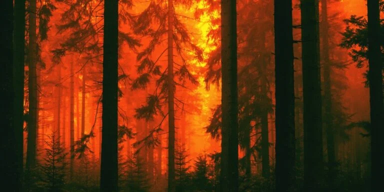 a photo of a forest fire with the orange blaze and smoke seen through the trees