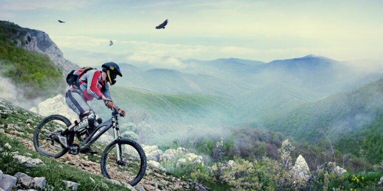 a photo of a mountain biker biking down a rocky mountain with mountains and fog in the background and birds flying above