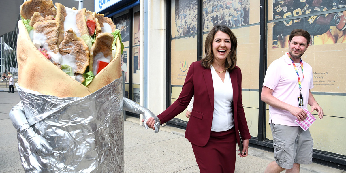 Alberta Premier Danielle Smith visited the Taste of Edmonton festival with the province’s donair costume on Thursday, July 20, 2023. Credit: Chris Schwarz/Government of Alberta