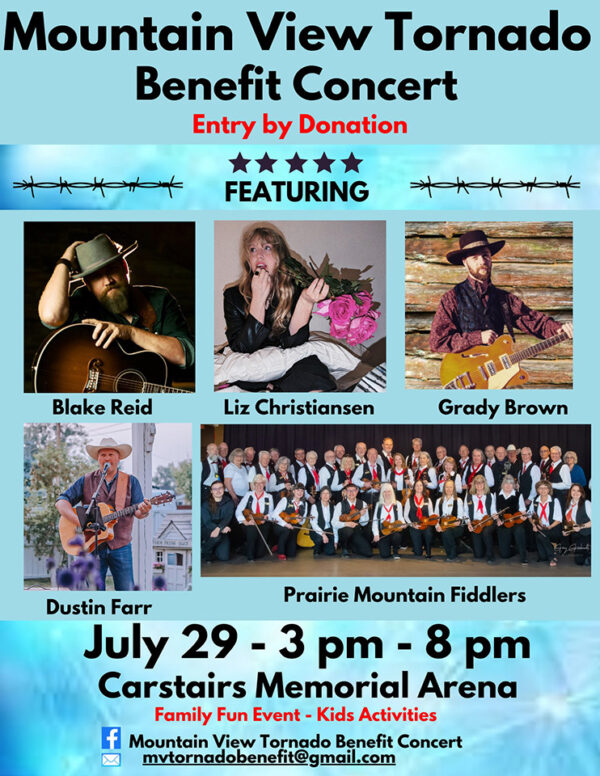Poster for the Mountain View Tornado Benefit Concert at the Carstairs Memorial Arena, July 29, 2023