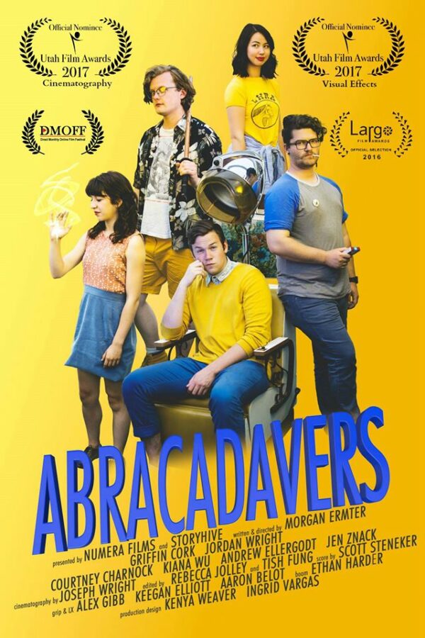 a promotional poster for abracadavers featuring the cast over a yellow background with chris sitting on a hair salon chair