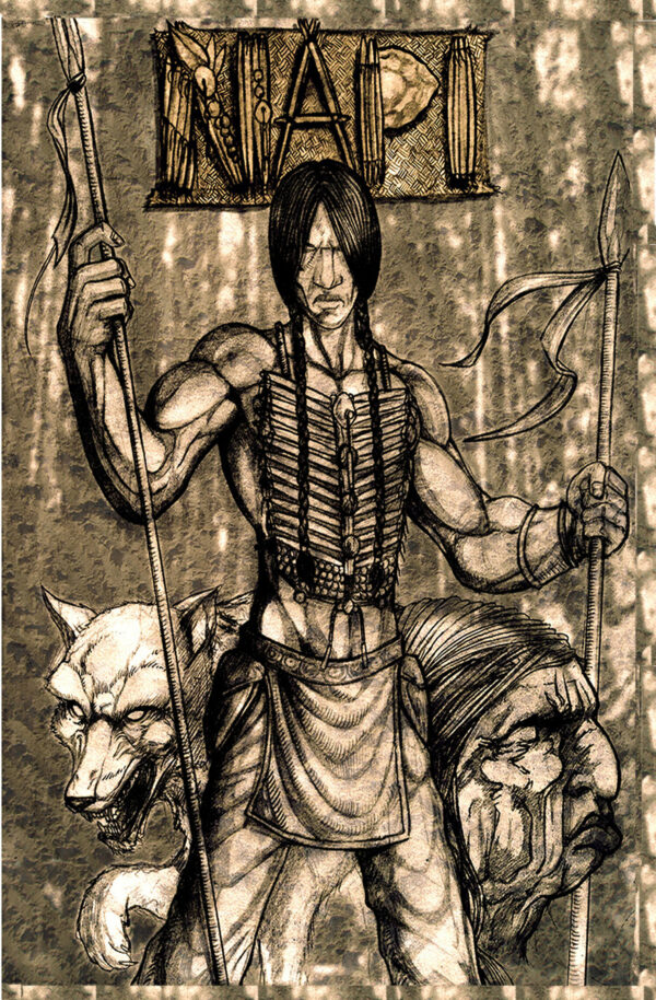 a depiction of napi the trickester holding two spears with a wolf behind him