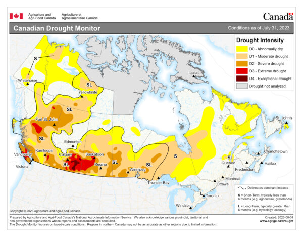a map of canada with a heat map overlap showing what regions are experiencing drought conditions