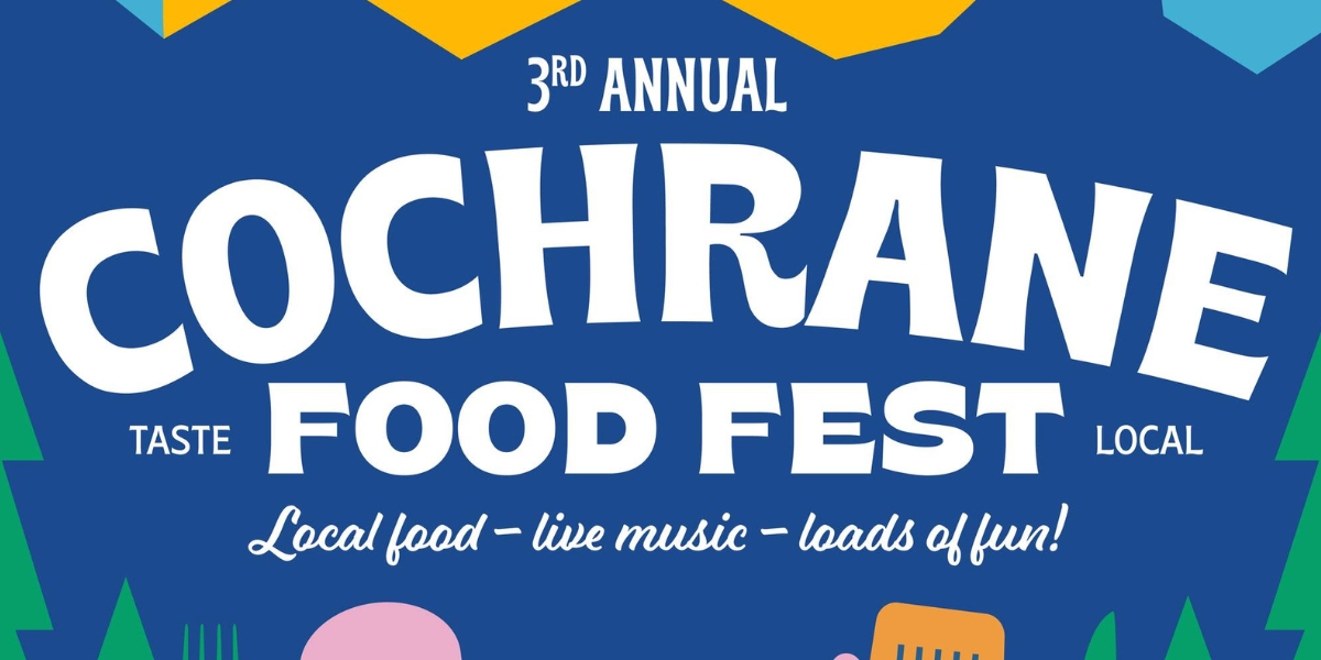 the graphic for the cochrane food fest featuring blue and yellow highlights