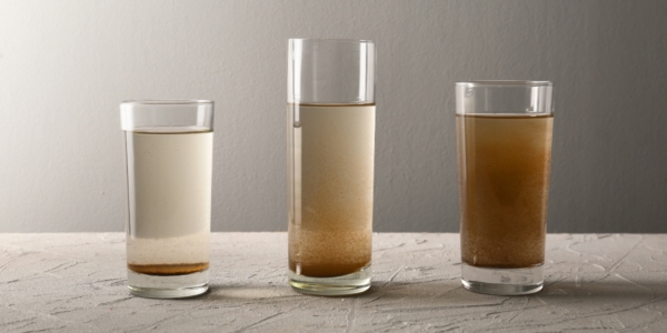 a photo of different sized drinking glasses filled with dirty water in front of a white background