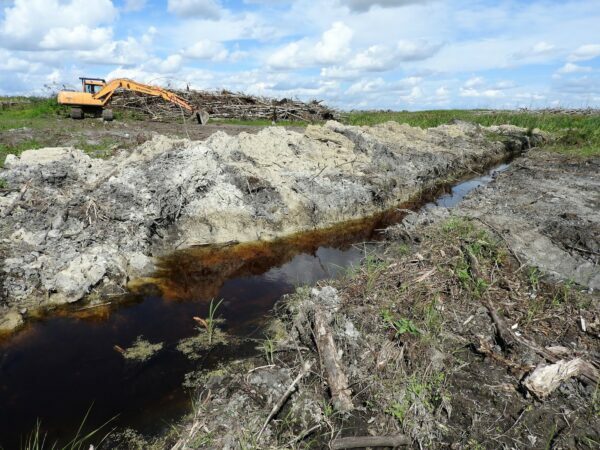 a drained wetland with minimal water with a construction vehicle in the background