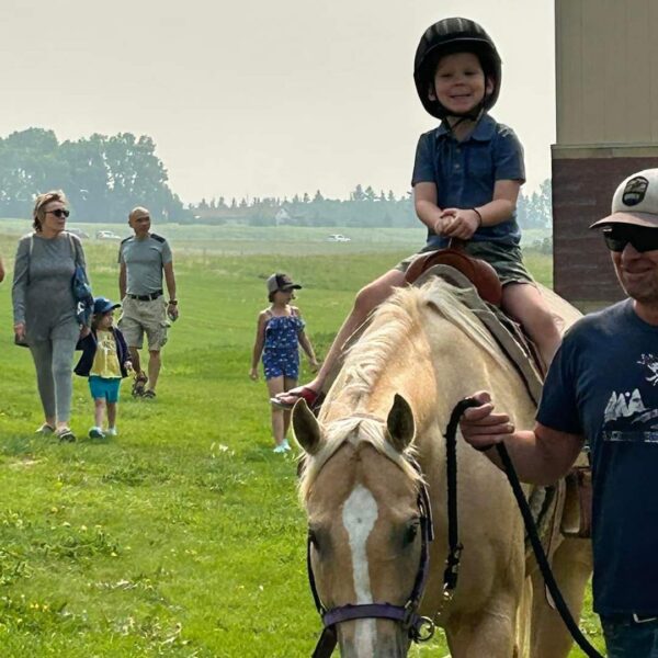 a kid on a horse with another family in the background walking on the grass