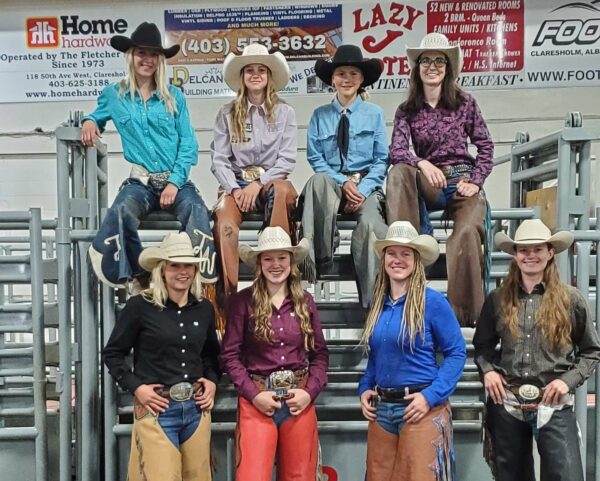 teaghan bertamini pictured with other female bull riders wearing tradition bull riding gear and cowboy hats