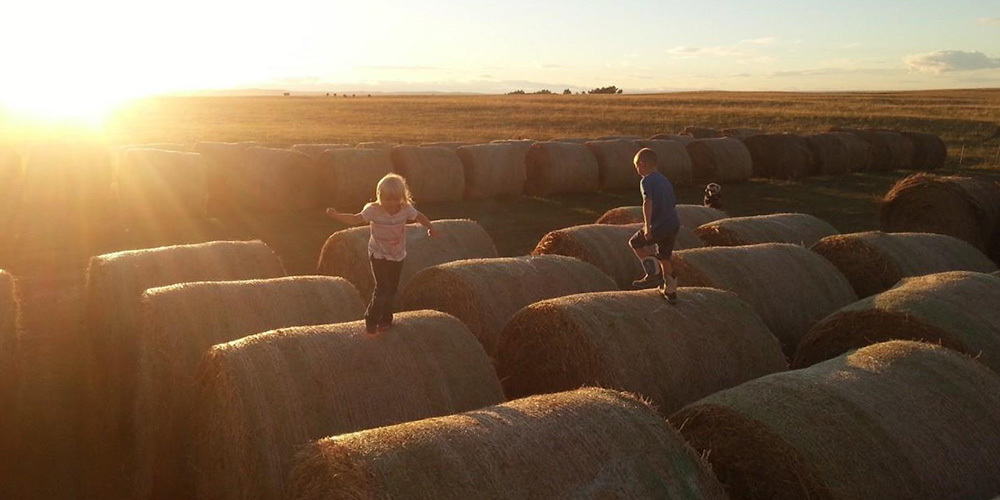 children running on top of round hay bales in the setting sun