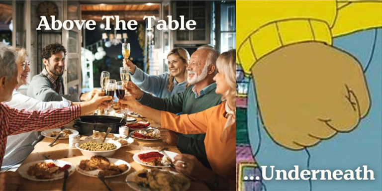 Image showing happy family toasting wine at a Thanksgiving dinner contrasting with an inset image or a cartoon fist