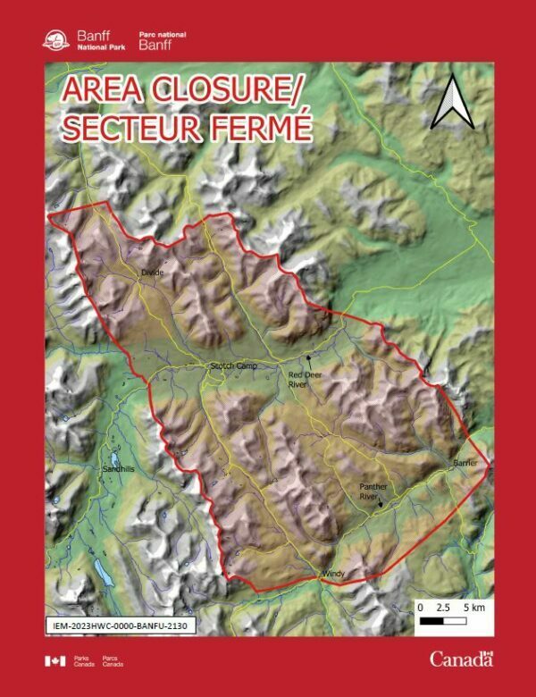 Map of area cloure in Banff National Park after a grizzly bear killed two people and a dog